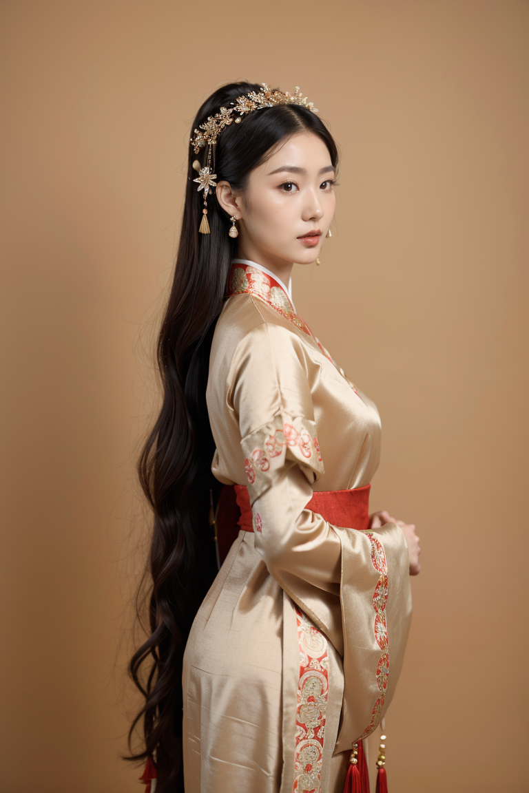 11212-320614600-A woman dressed in a traditional East Asian outfit poses against an earth-toned background. Her elegant attire and the intricate.png